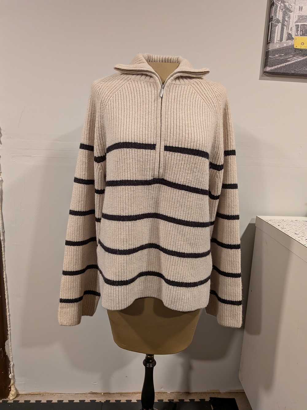 H&M Cream Half-Zip Knit Sweater with Black Stripes